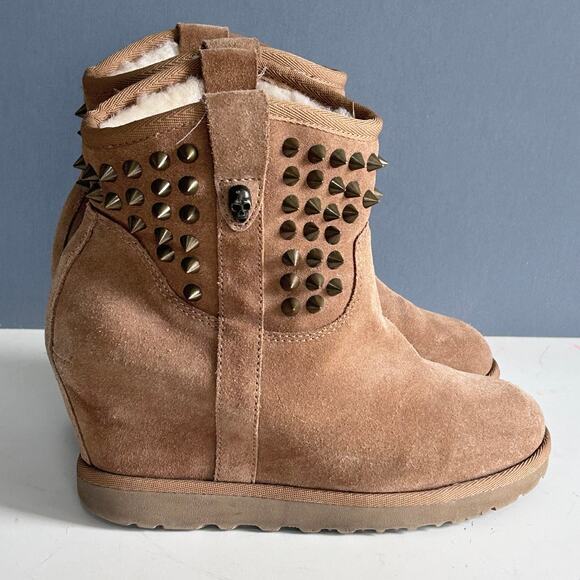 Ash‎ boots women's size 9.5 shearling leather skull studded Yahoo wedge brown - Picture 5 of 16
